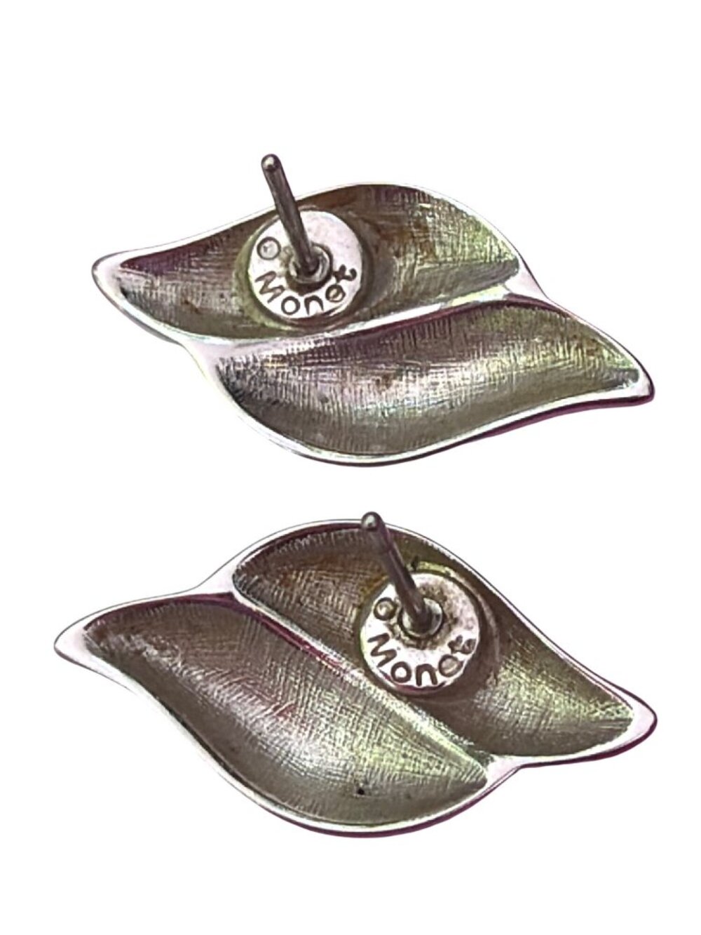 Vintage Monet Silver Tone Wing Stud Pierced Earrings Waves .75" Estate Classic - Picture 3 of 5